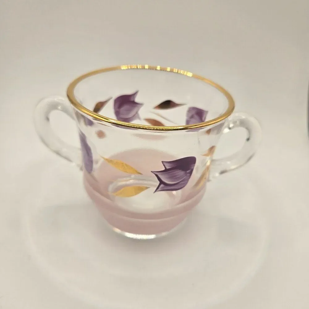 Vintage Glass Creamer Sugar Shaker Set Gold Rim Hand-Painted Purple Floral